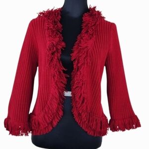 Ribbed Cardigan Open Front Fringe Cranberry Red Sweater, Size Large